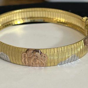 18KT Plated Sterling Silver Floral  Tri-Tone Bangle Bracelet MSRP: $450